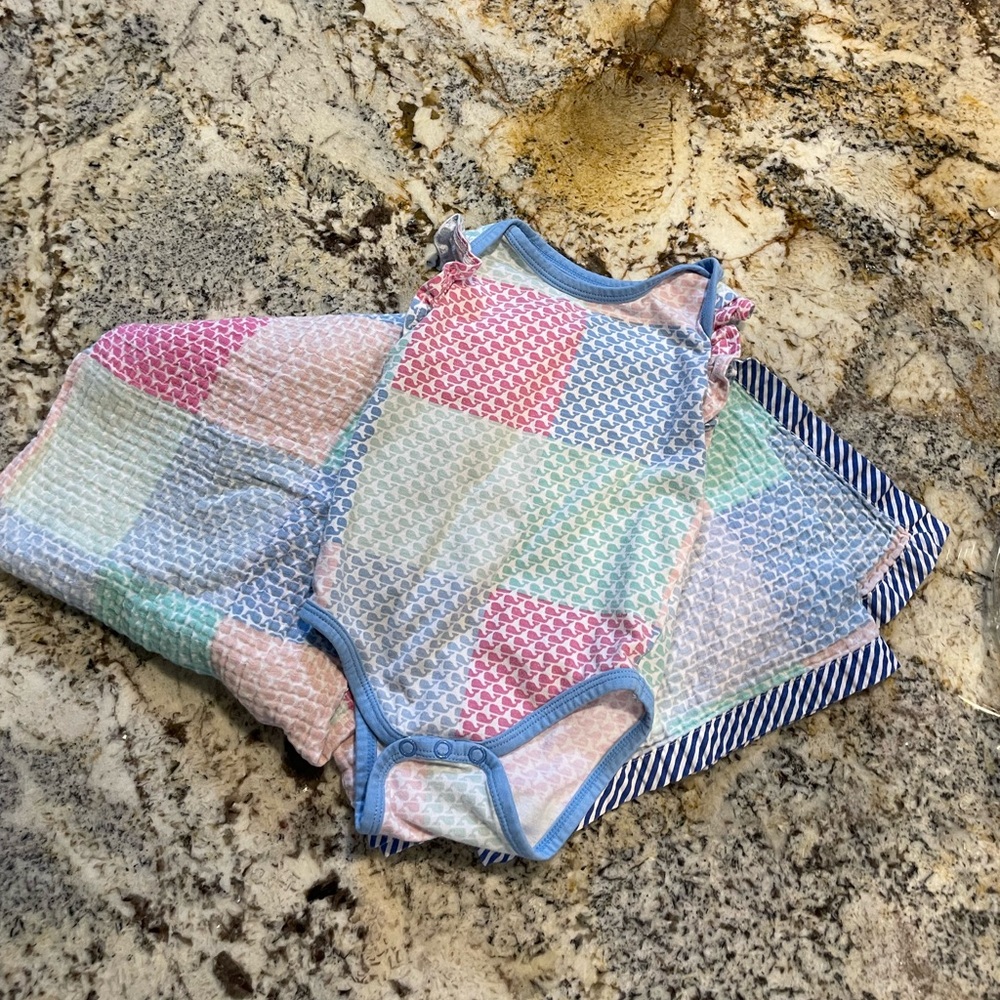 Vineyard Vines Multicolor Patchwork Bodysuit and matching baby blanket